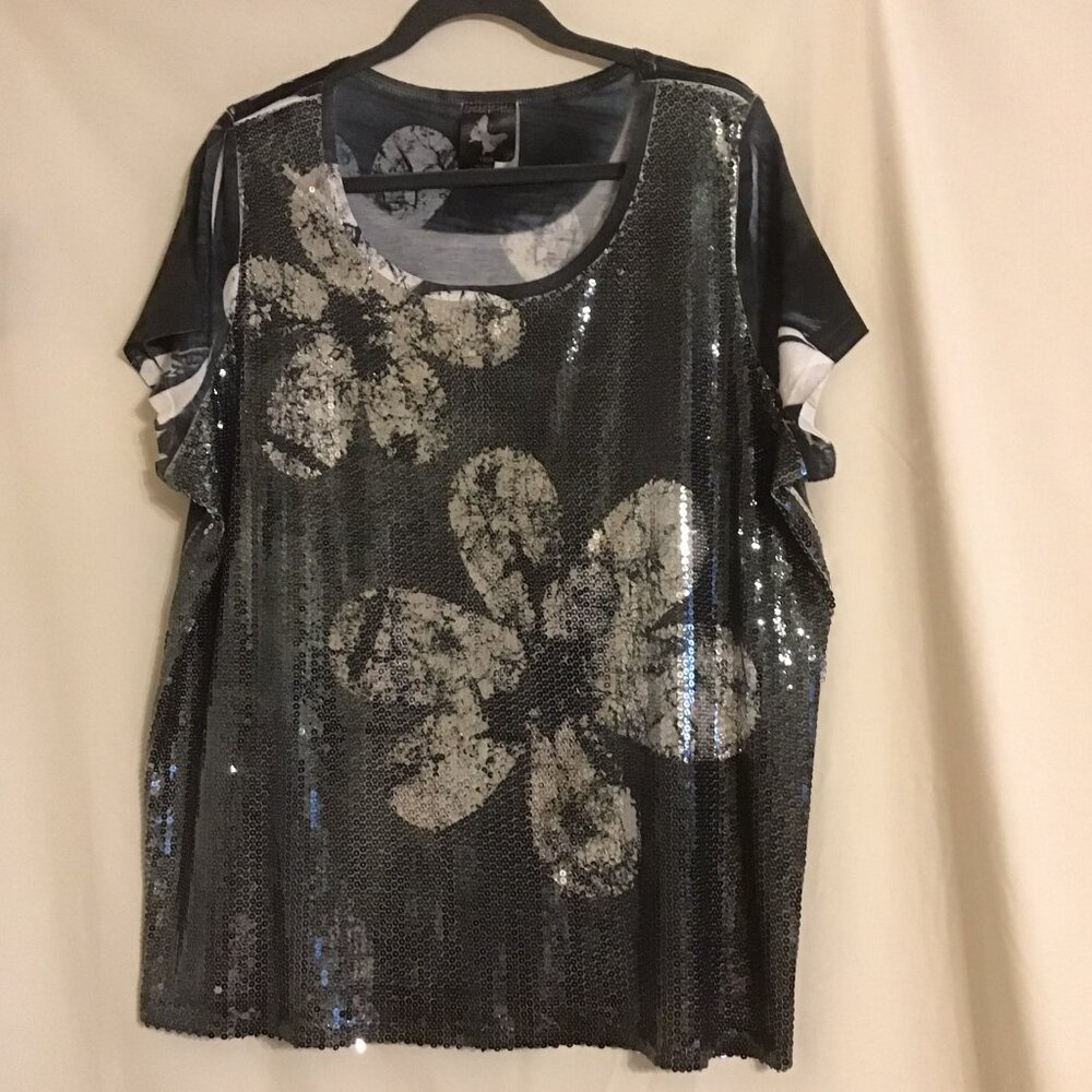 AVENUE CREATIVI-TEE Gray/Black Sequined Embellished Knit Short Sleeve Top 18/20